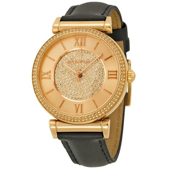 MICHAEL KORS Catlin Rose Crystal Set Black Leather Ladies Watch MK-2376 - Picture 5 of 8